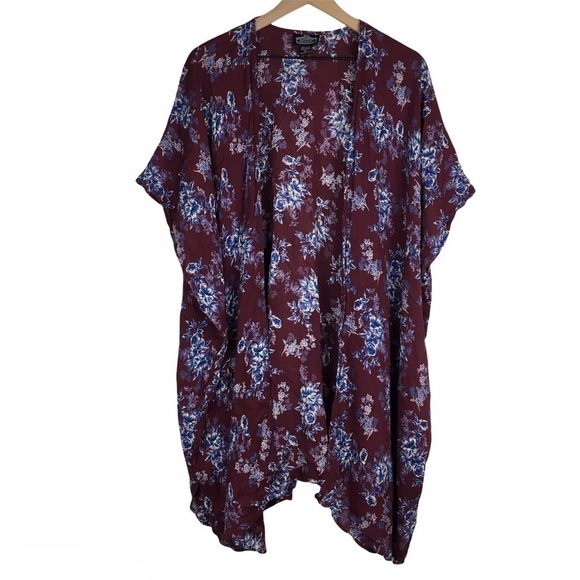 ANGIE Kimono Wrap Asymmetrical Floral Boho Oversized Burgundy Navy Size Medium - Picture 11 of 11